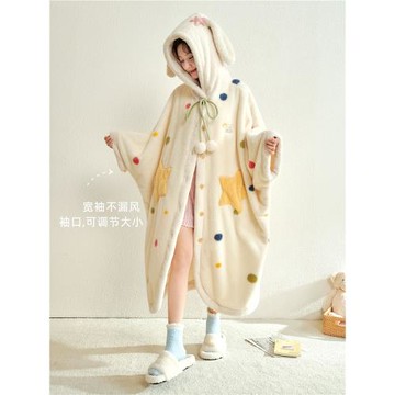 兔耳朵睡衣秋冬女珊瑚絨加厚加絨甜美可愛睡袍長款學生外穿家居服