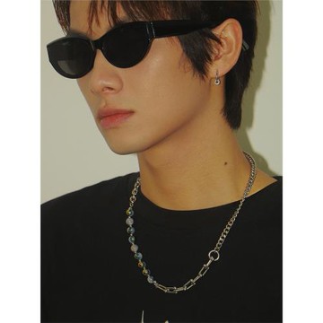 IGOMER歐美復古天然石拼接爆珠項鏈鈦鋼古巴鏈百搭個性男女嘻哈