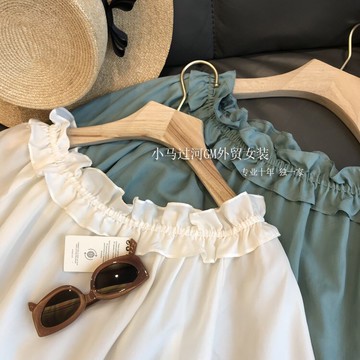 品牌折扣~專柜撤回尾貨大牌外貿女裝篙級質感木耳邊一字領襯衫女