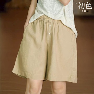 初色 文藝風復古鬆緊腰純色休閒褲寬褲短褲-共2色-11750(M-2XL可選)