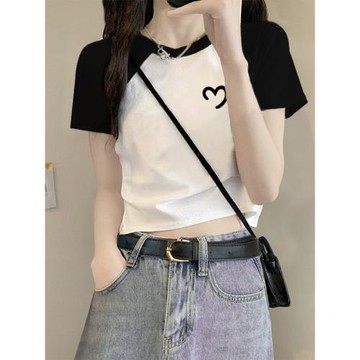 插肩短袖t恤女網紅短款印花夏季新款港味棉質美式高腰小個子上衣