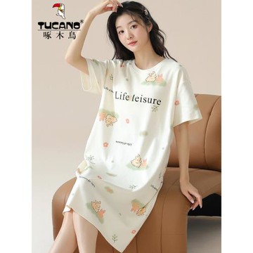 啄木鳥性感睡裙女夏季純棉短袖可愛春秋冬天中長款女士睡衣家居服