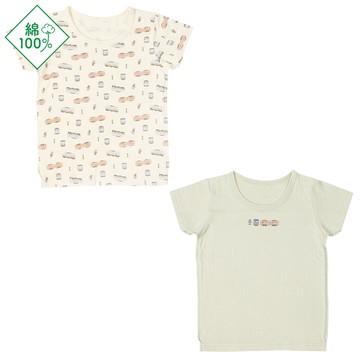 akachan honpo - 短袖圓領上衣2件組-蓬鬆棉 電車-綠色