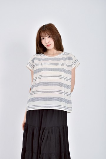 (L) united arrows質感透膚藍條紋白色短袖上衣