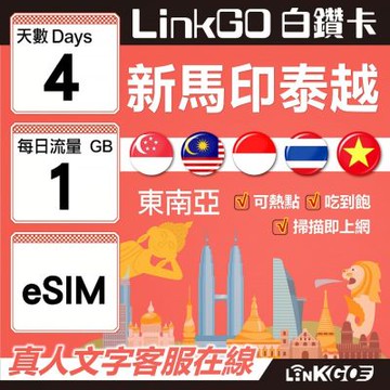 LINKGO白鑽卡 新馬印泰越 eSIM卡 4天上網 每日1GB 高速流量(東南亞網卡 新加坡 馬來西亞 泰國 印尼 越南)