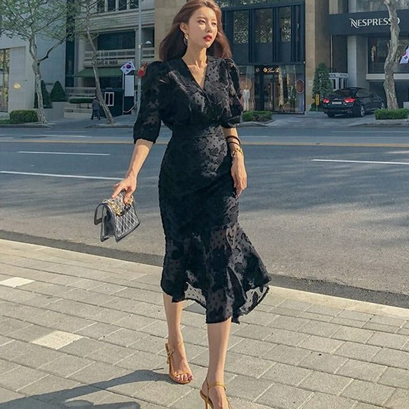 ブラック レース マーメイドワンピース パフスリーブ お洒落 Vネック ロングワンピース ミモレ丈 フレア ドレス 二次会 お呼ばれ タイトワンピース 夏 韓国風 通販 Lineポイント最大get Lineショッピング