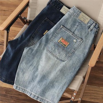 雙褶裥破洞牛仔短褲男石磨水洗美式休閑復古寬松廓形直筒五分褲男