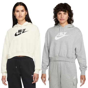 【下殺】Nike 女連帽長袖上衣 Club Fleece 短版 刷毛 米白/灰【運動世界】DQ5851-113/DQ5851-063