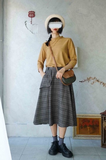 設計手作-深灰葛倫格紋外翻袋蓋毛料圓裙