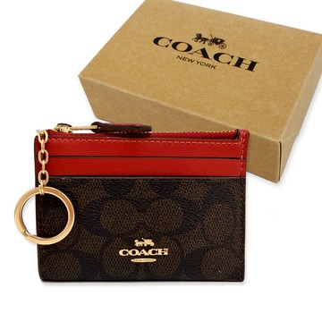 【COACH】C LOGO悠遊卡夾鑰匙零錢包附禮盒(深咖/紅)