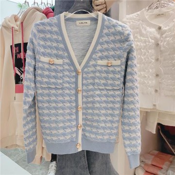 千鳥格羊絨針織開衫秋冬2021新款輕熟風外披顯瘦百搭毛絨絨外套女