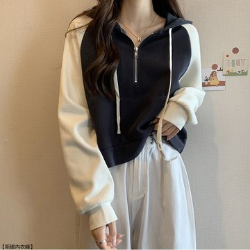 大碼女裝韓版秋冬長袖衛衣女拼接插肩袖拼色拉鍊連帽上衣
