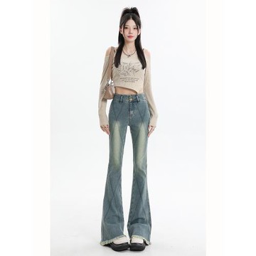 (免運)紀衣戀美式復古辣妹冬季微喇叭牛仔褲女不貼腿2025年高腰喇叭褲子