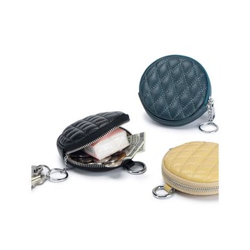 新款圓形菱格繡線零錢包簡約小圓包耳機收納袋真皮硬幣包小錢包女