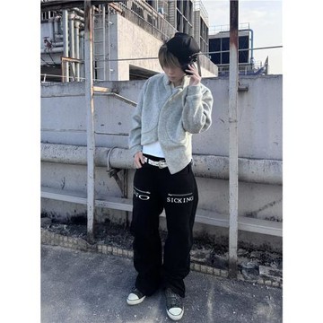 NO SICKING25AW* 基礎標語系列Baggy寬松直筒金屬拉鏈黑色牛仔褲