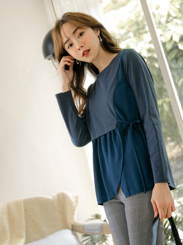 含棉拼接收腰綁帶不對稱傘擺長袖上衣