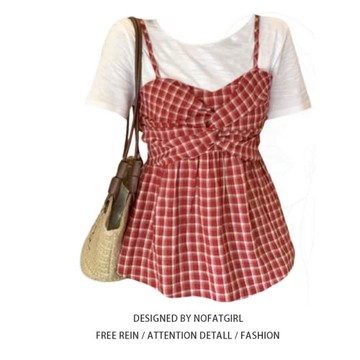 胖MM大碼女裝韓系綁帶格子吊帶上衣2025新款拼接假兩件短袖T恤潮