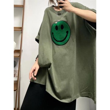 菲爾丹 毛巾笑臉廓形落肩短袖T恤 高克重水洗棉寬松大版長T恤535