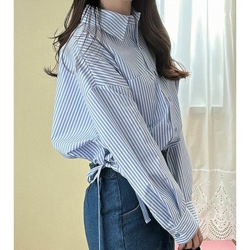 日本 GRL - 腰綁帶修身俐落短版條紋襯衫-藍 (F)