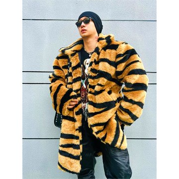 BUDDYBODY時髦貴婦寬松潮流嘻哈翻領中長款虎紋大衣仿皮草外套