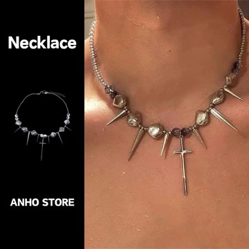 【ANHO】現貨在台/不規則/卯釘/冰裂珠/十字/拼接/設計/嘻哈/街頭/項鍊/鎖骨鍊