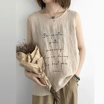 🎉限時出清６折🎉中大尺碼 背心 韓版字母印花棉麻無袖背心【020752】JUL10｜4色 19LADY〔現貨〕《不適用折價券與會員折扣》《售出不退換》