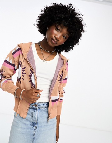 Daisy Street retro zip knit hoodie in celestial print-Orange