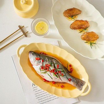 雙耳魚盤大號陶瓷蒸魚盤家用菜盤長方形創意盤子高級感刺身盤餐具