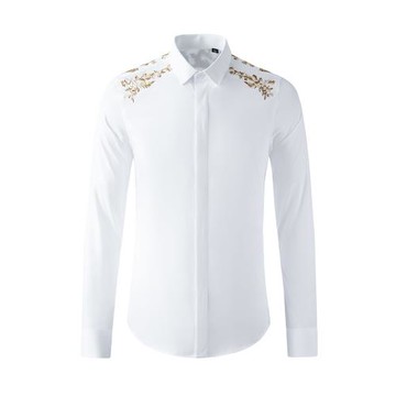 歐美走秀新款肩部精密重工花草刺繡男士長袖襯衫時尚潮流休閑襯衣
