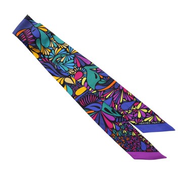 HERMES 愛馬仕 藍/紫色 絲綢 絲巾 Millefleurs du Mexique Twilly 【二手名牌BRAND OFF】