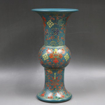 清雍正年制寶石翠綠粉彩花紋花觚瓶老貨收藏家居仿古擺件瓷器古玩1入