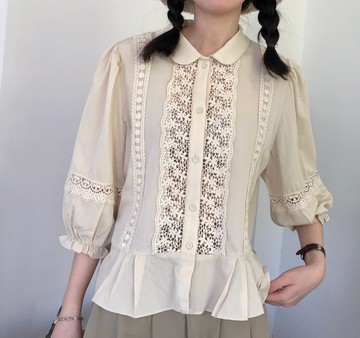 【翻領燈籠】日系復古/蕾絲花邊/寬鬆燈籠袖襯衫