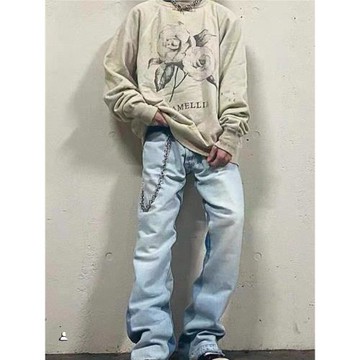 美式高街Gallery Dept新款基礎款水洗微喇藍色拼接牛仔褲百搭長褲