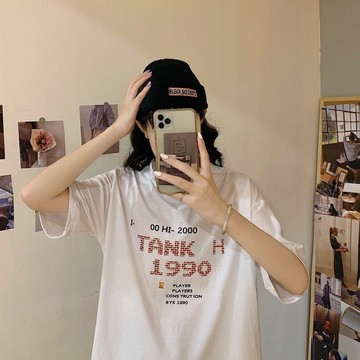 【Nico】美式潮牌白色t恤女 oversize 寬鬆上衣 字母印花半袖T恤 短版上衣 短板 顯瘦體恤 小個子可愛穿搭