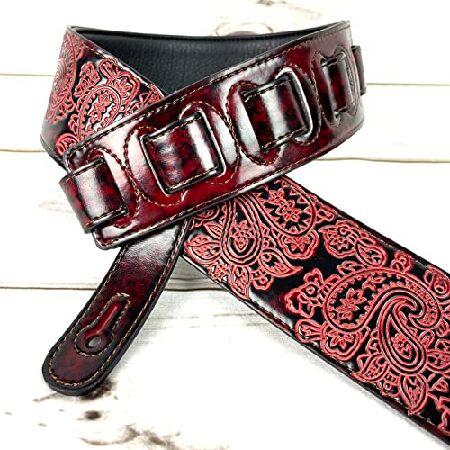 Walker Williams Handmade Fire Wine Red Padded Leather Guitar Strap with Vintage Paisley Pattern For Acoustic, Electric, And Bass Guitars GB-30