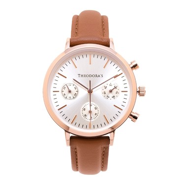 Apollo 中性三眼真皮腕錶[小錶面] 三眼白-真皮橘棕