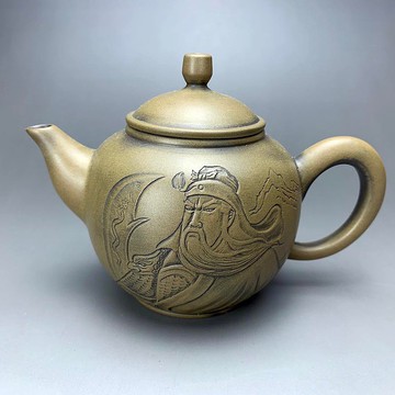 台灣【段泥窯變】雕刻關公(武聖)窯變壺