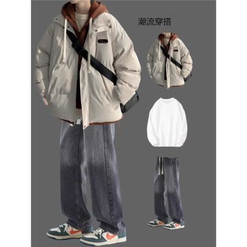 美式潮牌冬季2025新款假兩件棉服男套裝加厚棉衣外套棉襖搭配一套