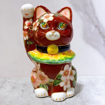 【赤櫻聚福】日本清水燒招財貓 | 色繪 - 赤地櫻