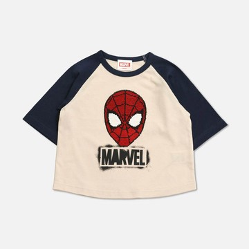 日本 Chil2 - 聯名款  100%棉印花短袖上衣-超級英雄蜘蛛人(變色亮片)-杏x深藍