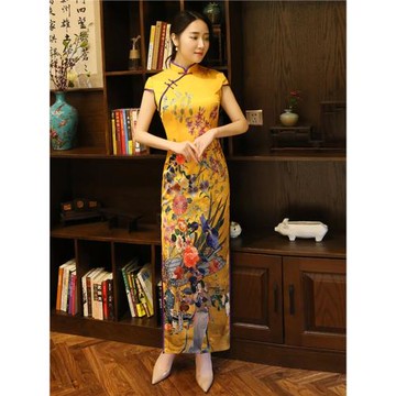 愛旗2025新款夏季復古改良定位花高端氣質日常修身黃色長款旗袍裙