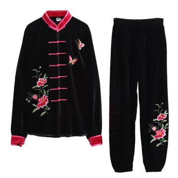 宏極太極服女秋冬加厚太極拳練功服功夫裝金絲絨新品武術服刺繡花