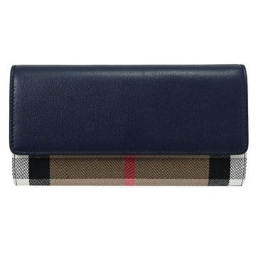BURBERRY 8084530 HALTON 經典格紋拼接翻蓋釦式長夾.深藍邊