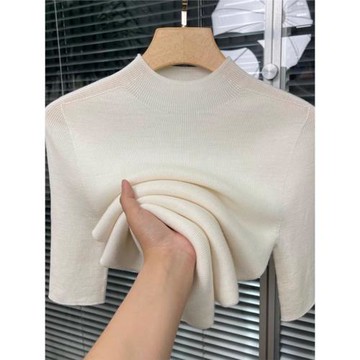 半高領五分袖針織衫女年春季氣質正肩中袖T恤修身內搭打底衫上衣