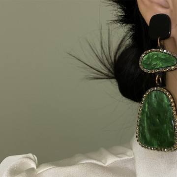 歐韓綠色耳環復古高級感女潮夸張長款設計感小眾耳夾款耳墜耳飾