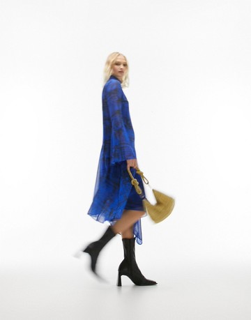 Topshop check and floral fluted seamed asymmetric midi dress in cobalt-Blue