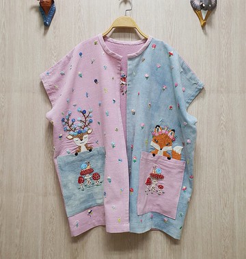 可愛手工刺繡開衫 - 棉 - 天然染料、鹿、狐狸、蘑菇
