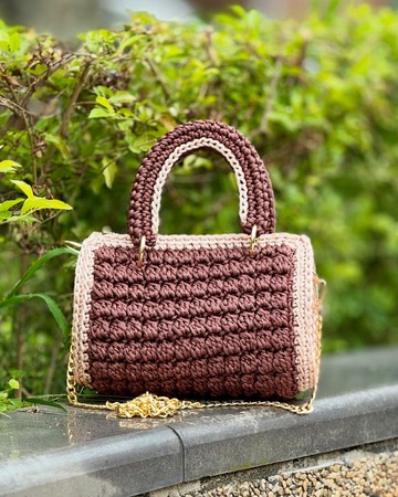 手工棕色米色鉤針包 - 桶形錢包配金鍊