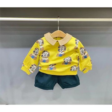 韓國小云朵童裝秋款男女童寶寶洋氣獅子滿印長袖翻領衛衣短褲套裝