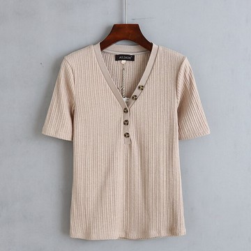 女針織短袖T恤 秋夏V領條紋短款打底衫 修身彈力紐扣上衣 J/8-3